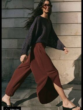 Zara Men's Wide-Leg Split-Hem Pants in Burgundy